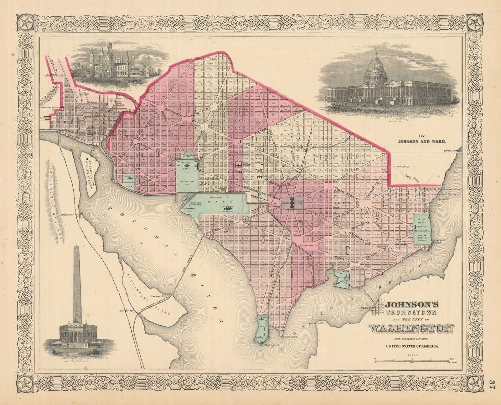 Johnson's Georgetown and the City of Washington DC 1866 old antique map chart